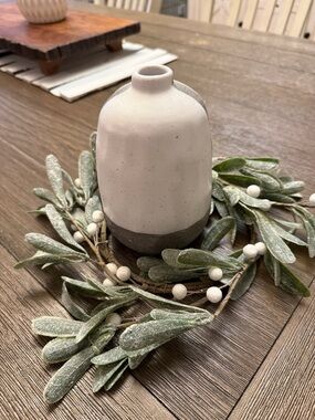Frosted Green Wreath Accent with Neutral Ceramic‎ Vase
